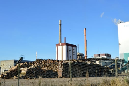 Pulp mill with two fireplaces, wood and a blue sky