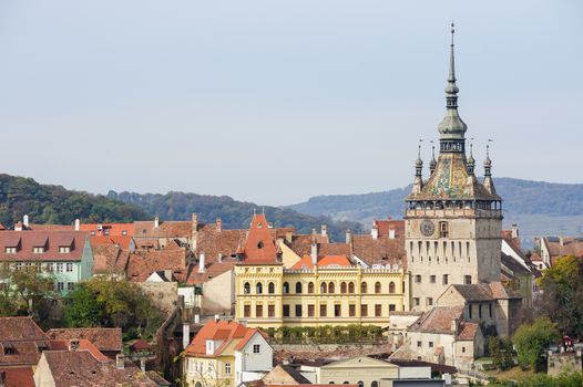 View over the cityscape and roof architecture in Sighisoara town, Romania