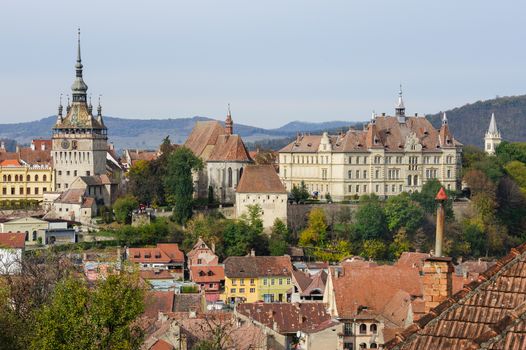 View over the cityscape and roof architecture in Sighisoara town, Romania