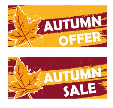 autumn offer and sale - yellow brown drawn banners with text and fall leaf, business seasonal shopping concept