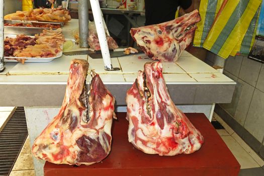 Pig heads at a peruvian market in Celendin, northern Peru