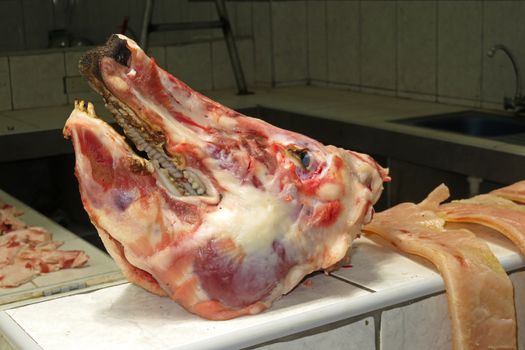 Pig head at a peruvian market in Celendin, northern Peru