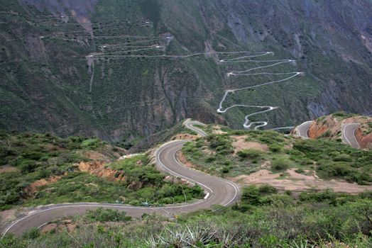 Nice curvy winding road leading down to Tablachaca canyon and the same called river in northern Peru. Located north of Pato Canyon and the Cordillera Blanca.