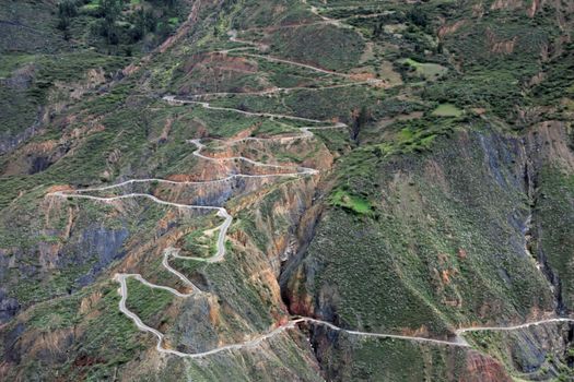 Nice curvy winding road leading down to Tablachaca canyon and the same called river in northern Peru. Located north of Pato Canyon and the Cordillera Blanca.