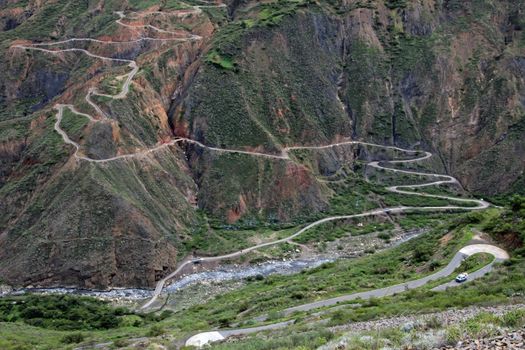 Nice curvy winding road leading down to Tablachaca canyon and the same called river in northern Peru. Located north of Pato Canyon and the Cordillera Blanca.