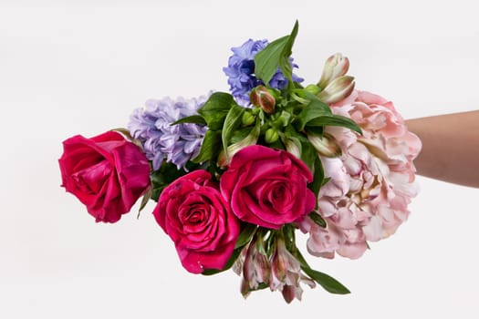 Hand holding a bouquet of different flowers on an isolated studio background