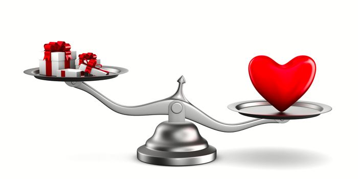 Heart and gift boxes on scales. Isolated 3D image