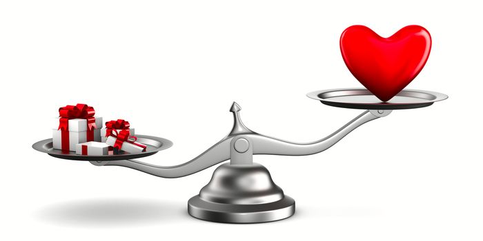 Heart and gift boxes on scales. Isolated 3D image