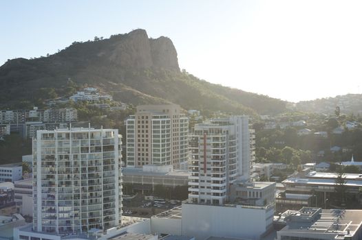 Modern high-rise architecture in downtown Townsville, Queensland, Australia on a bright sunny summer day with a rooftop view across the city