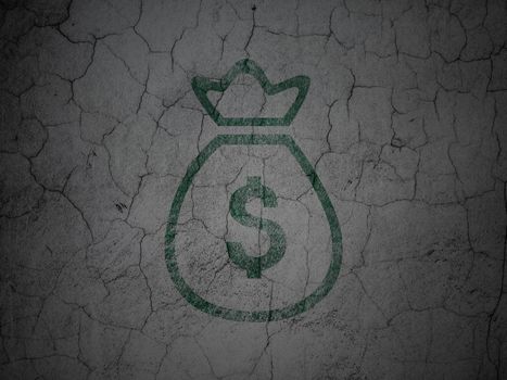 Currency concept: Green Money Bag on grunge textured concrete wall background