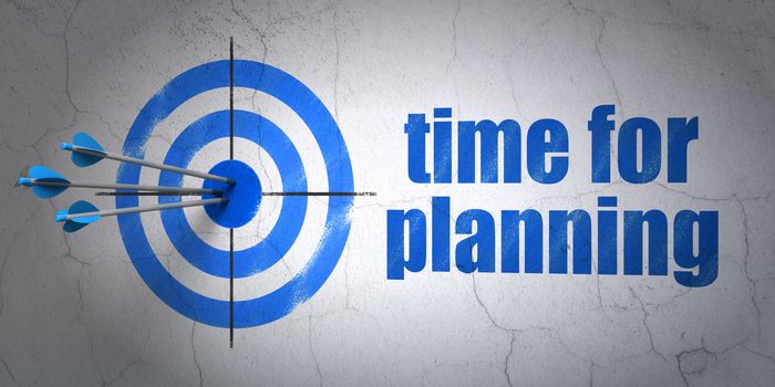 Success timeline concept: arrows hitting the center of target, Blue Time for Planning on wall background, 3D rendering