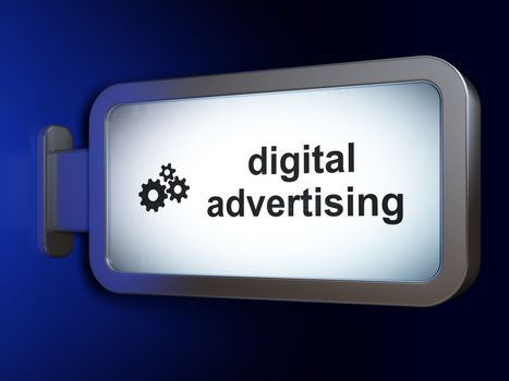 Advertising concept: Digital Advertising and Gears on advertising billboard background, 3D rendering