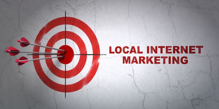 Success marketing concept: arrows hitting the center of target, Red Local Internet Marketing on wall background, 3D rendering