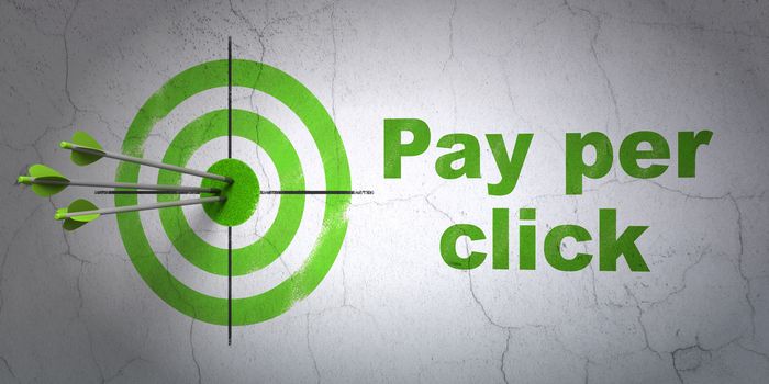 Success advertising concept: arrows hitting the center of target, Green Pay Per Click on wall background, 3D rendering