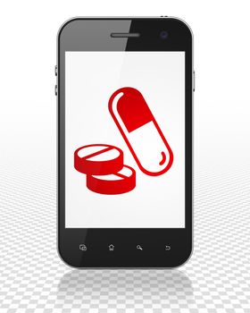Healthcare concept: Smartphone with red Pills icon on display, 3D rendering