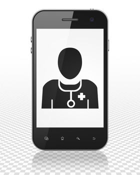 Medicine concept: Smartphone with black Doctor icon on display, 3D rendering