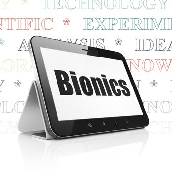 Science concept: Tablet Computer with  black text Bionics on display,  Tag Cloud background, 3D rendering