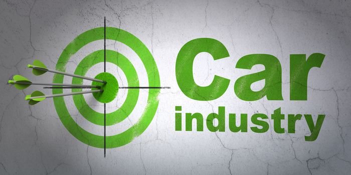 Success Industry concept: arrows hitting the center of target, Green Car Industry on wall background, 3D rendering