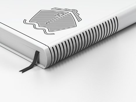 Vacation concept: closed book with Black Ship icon on floor, white background, 3D rendering