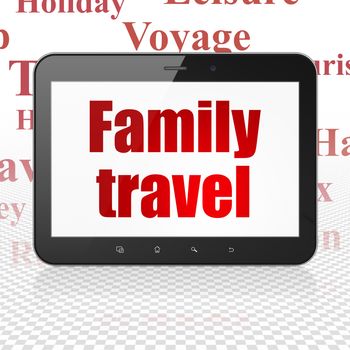 Vacation concept: Tablet Computer with  red text Family Travel on display,  Tag Cloud background, 3D rendering