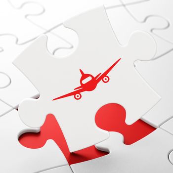 Tourism concept: Aircraft on White puzzle pieces background, 3D rendering