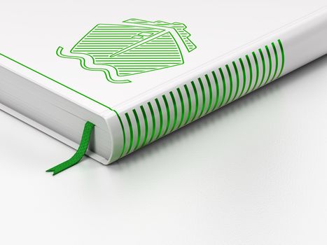 Vacation concept: closed book with Green Ship icon on floor, white background, 3D rendering