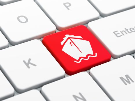 Vacation concept: computer keyboard with Ship icon on enter button background, selected focus, 3D rendering