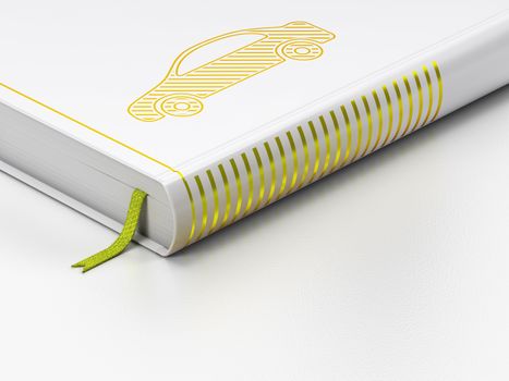 Tourism concept: closed book with Gold Car icon on floor, white background, 3D rendering