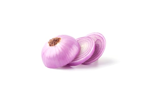 Red sliced onion isolated on white background