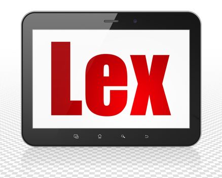 Law concept: Tablet Pc Computer with red text Lex on display, 3D rendering