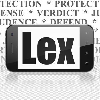 Law concept: Smartphone with  black text Lex on display,  Tag Cloud background, 3D rendering