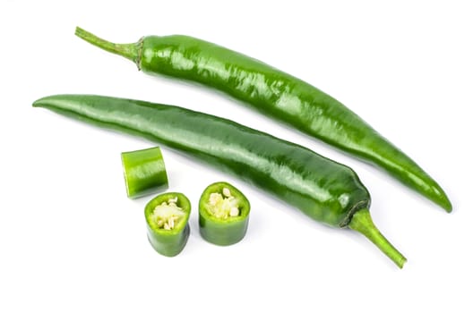 Green chilli pepper isolated on white background.