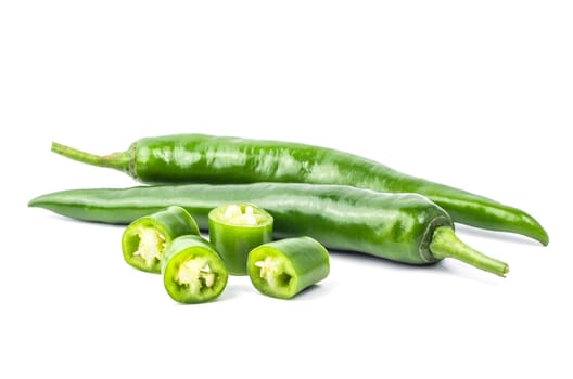 Green chilli pepper isolated on white background.