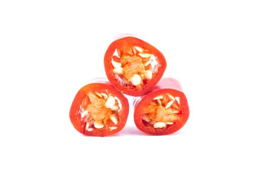 Red chilli pepper slices isolated on white background.
