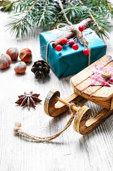 Christmas decoration with sleigh of Santa Claus and gifts