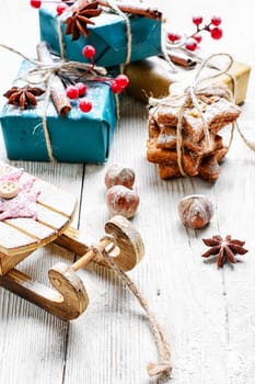 Christmas decoration with sleigh of Santa Claus and gifts