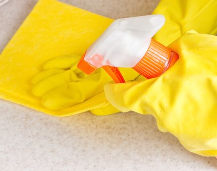 Hand in rubber glove cleans a new kitchen. Woman with housework, cleaning the kitchen.