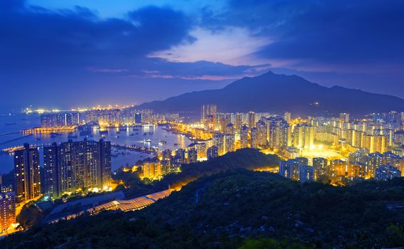 Hong Kong Tuen Mun skyline and South China sea at night