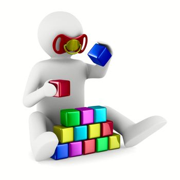 child plays cubes on white. Isolated 3D image