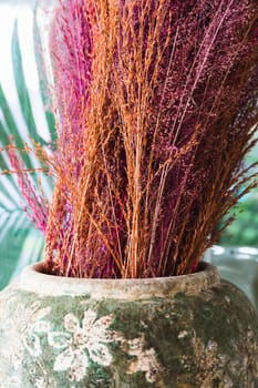 Colorful dried grass in vase, selective focus