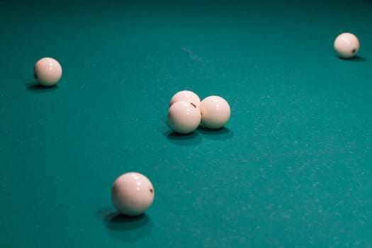 Close-up of Russian billiard game, balls on green table cloth