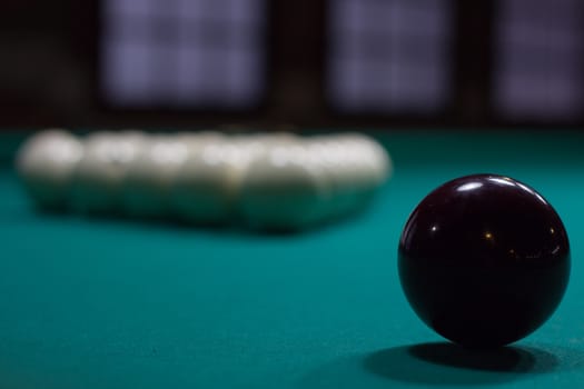 Russian billiards,  black and white balls on green table cloth
