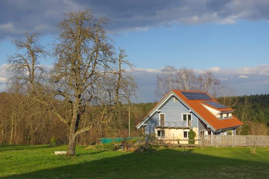 a german rural landscape with wooden house near spring forest. Black Forest in Baden Wuertemberg, Schoemberg in Germany