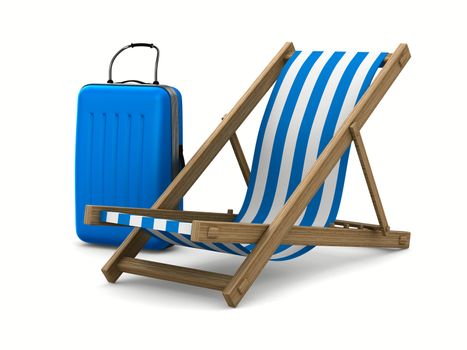 Deckchair and luggage on white background. Isolated 3D image