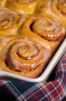 bun of pumpkin with cinnamon in the form of snails in a creamy glaze ceramic roasting pan