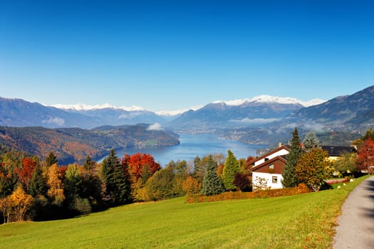 Sunny autumn day on the lake in mountains of south Austria, Carinthia