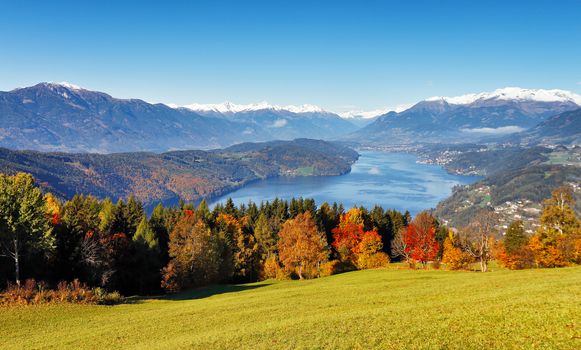 Sunny autumn day on the lake in mountains of south Austria, Carinthia