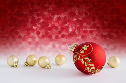Christmas balls with lights snow winter background. Space for copy.