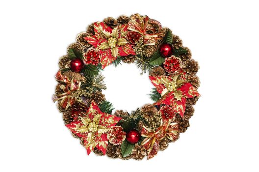 Christmas door decoration isolated on the white background. Christmas red wreath.