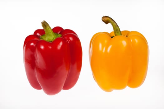 Red and yellow peppers on an isolated studio background